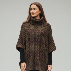 Coldwater Creek Brown Green Striped Wool Knit Batwing Sweater Poncho XS/S